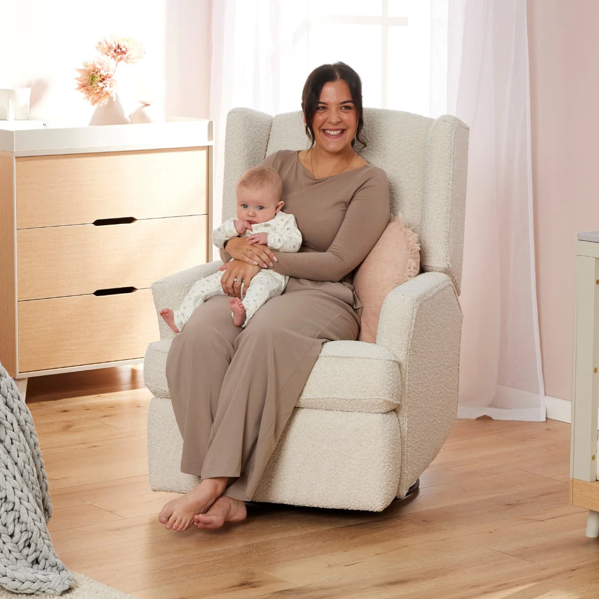 Chelsea Recliner Glider Chair in Vanilla Bouclé