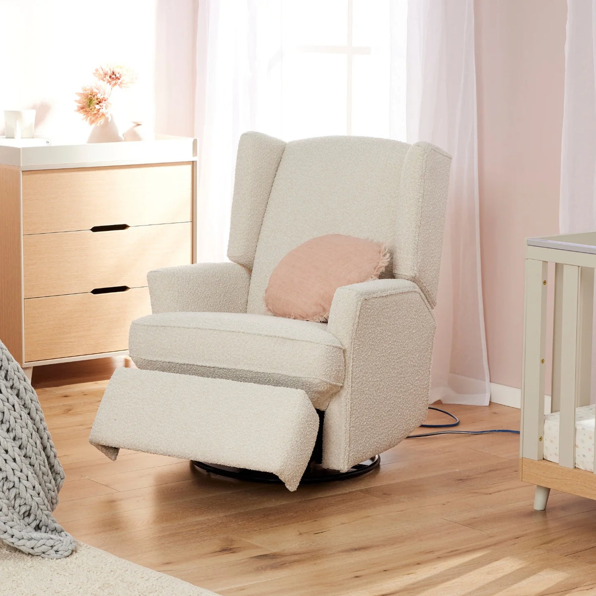 Chelsea Recliner Glider Chair in Vanilla Bouclé