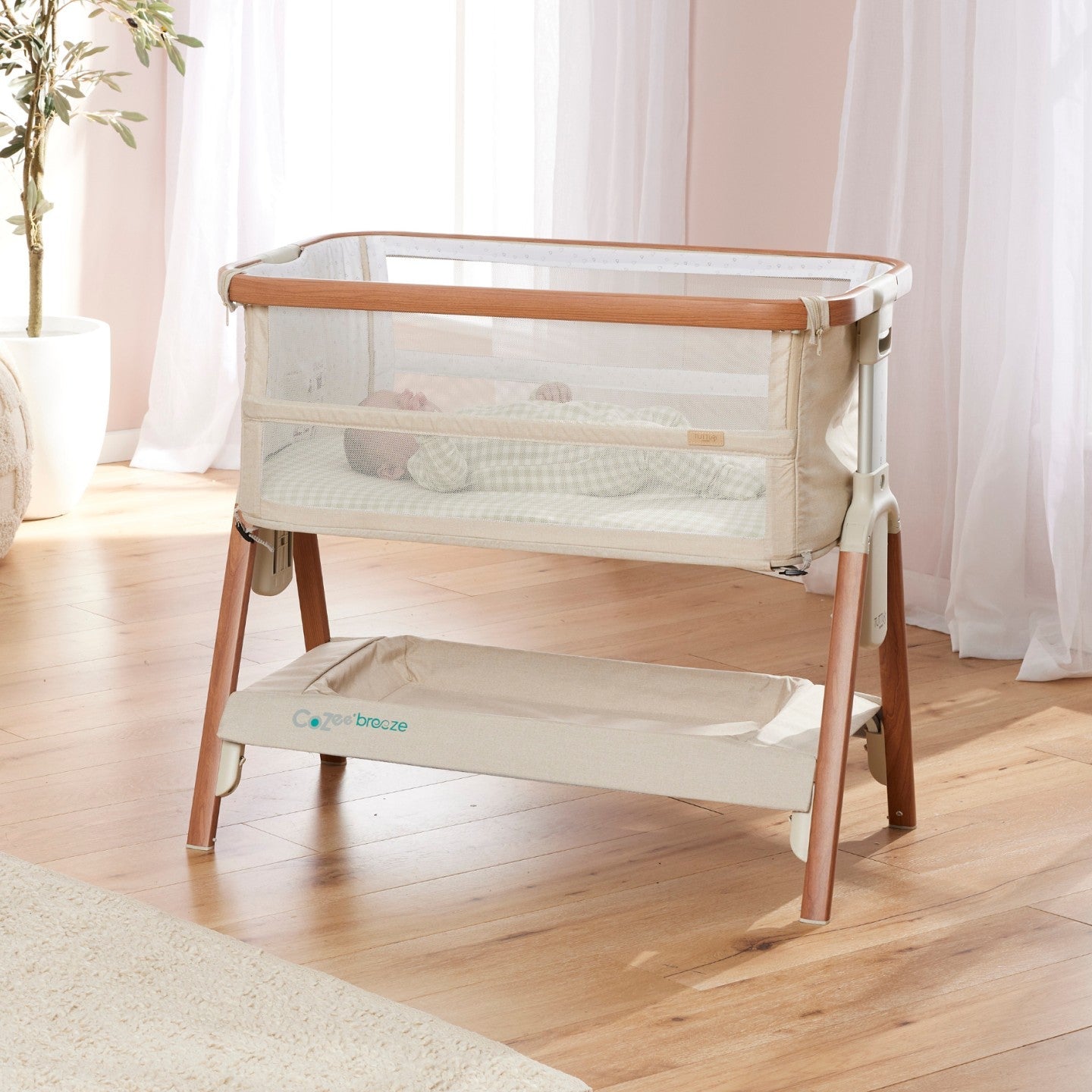 CoZee Breeze Plus Co-Sleeping Bassinet with Rocking Legs in Scandi Walnut and Ecru