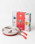 18/8 Stainless Toddler Plate with silicone suction base, spoon and fork