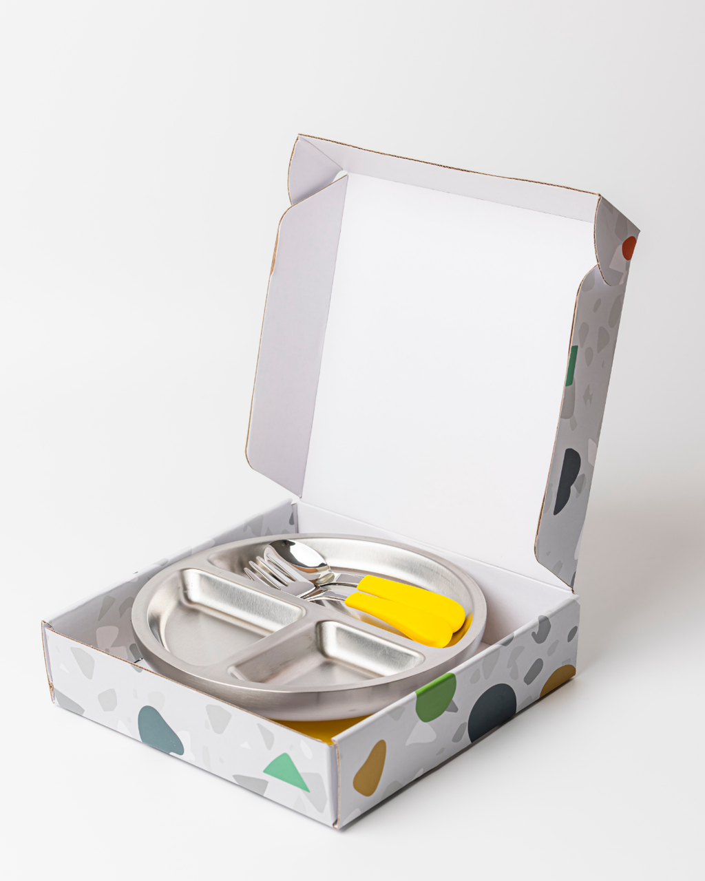 18/8 Stainless Toddler Plate with silicone suction base, spoon and fork