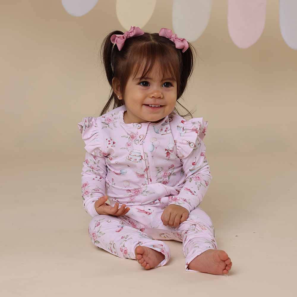 Alice’s Tea Party Organic Snugglesuit Convertible Romper with Frill
