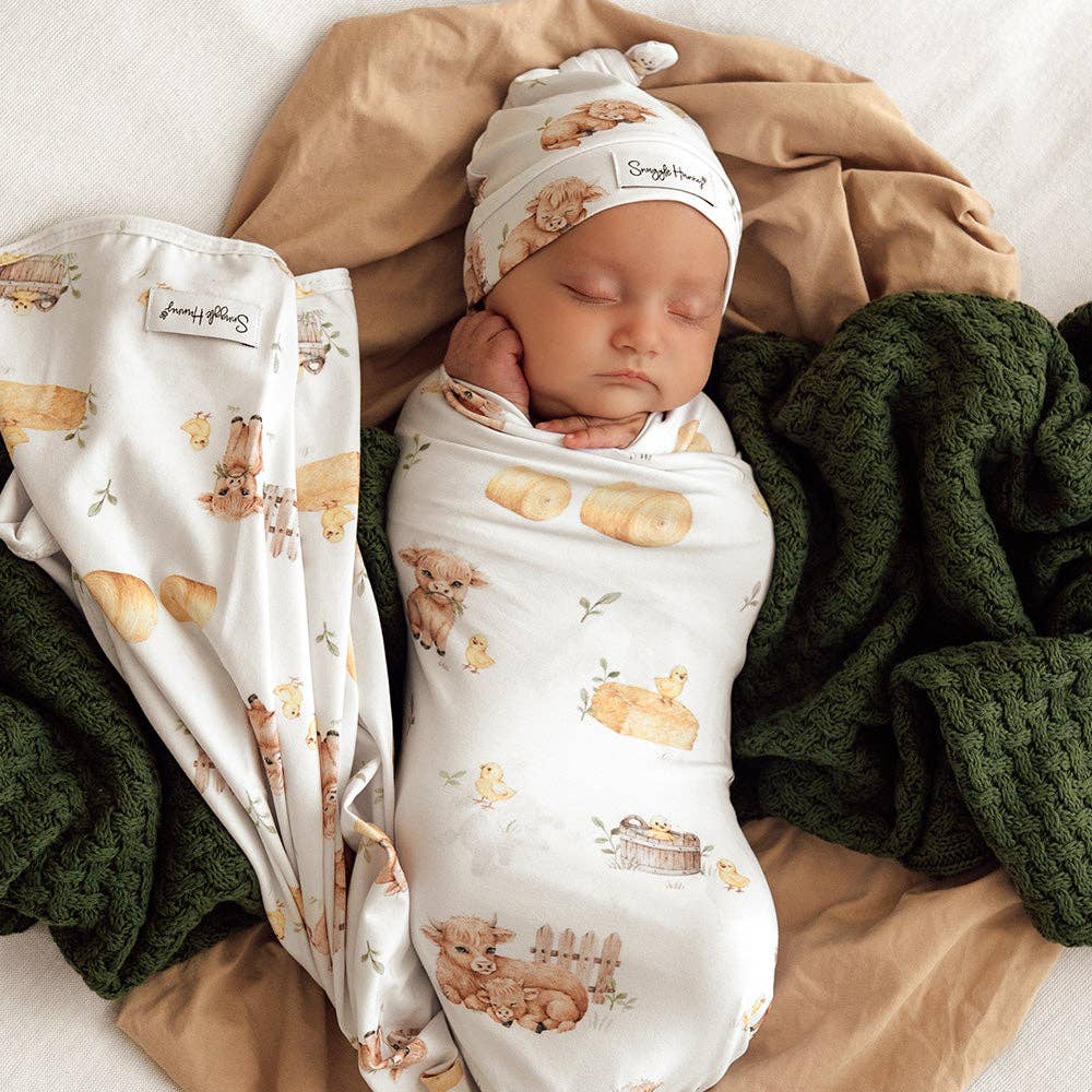 Highland Cows Organic Jersey Wrap & Beanie Set