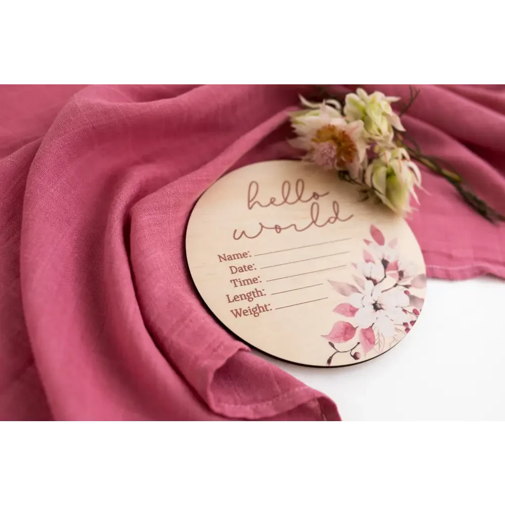 Hello World Floral Wooden Birth Disc