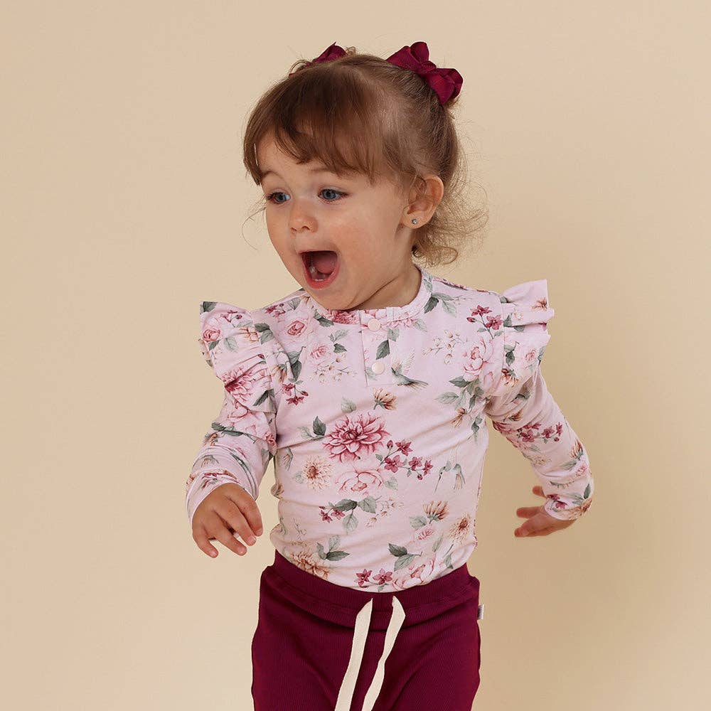 Birds & Blooms Long Sleeve Organic Bodysuit with Frill