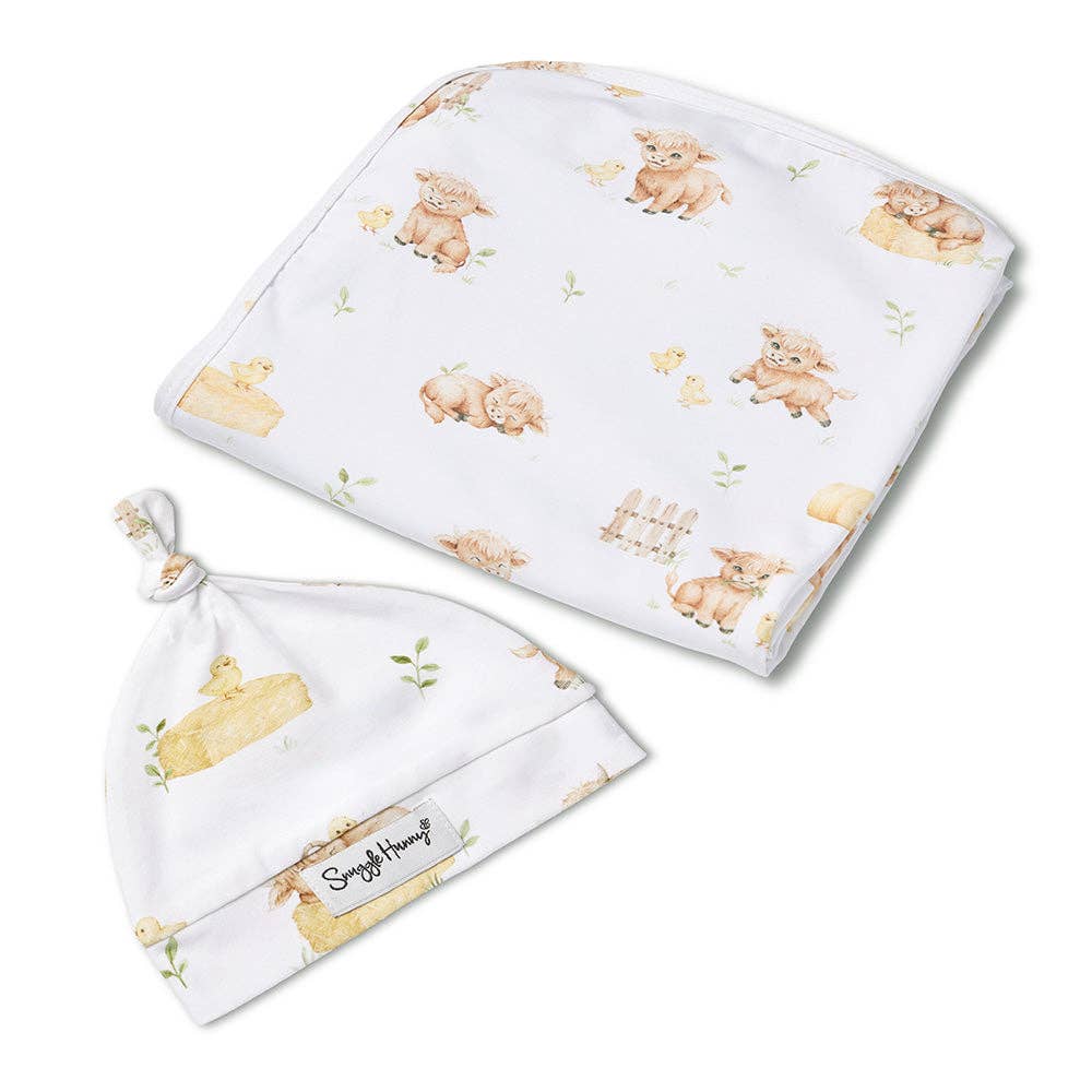Highland Cows Organic Jersey Wrap & Beanie Set