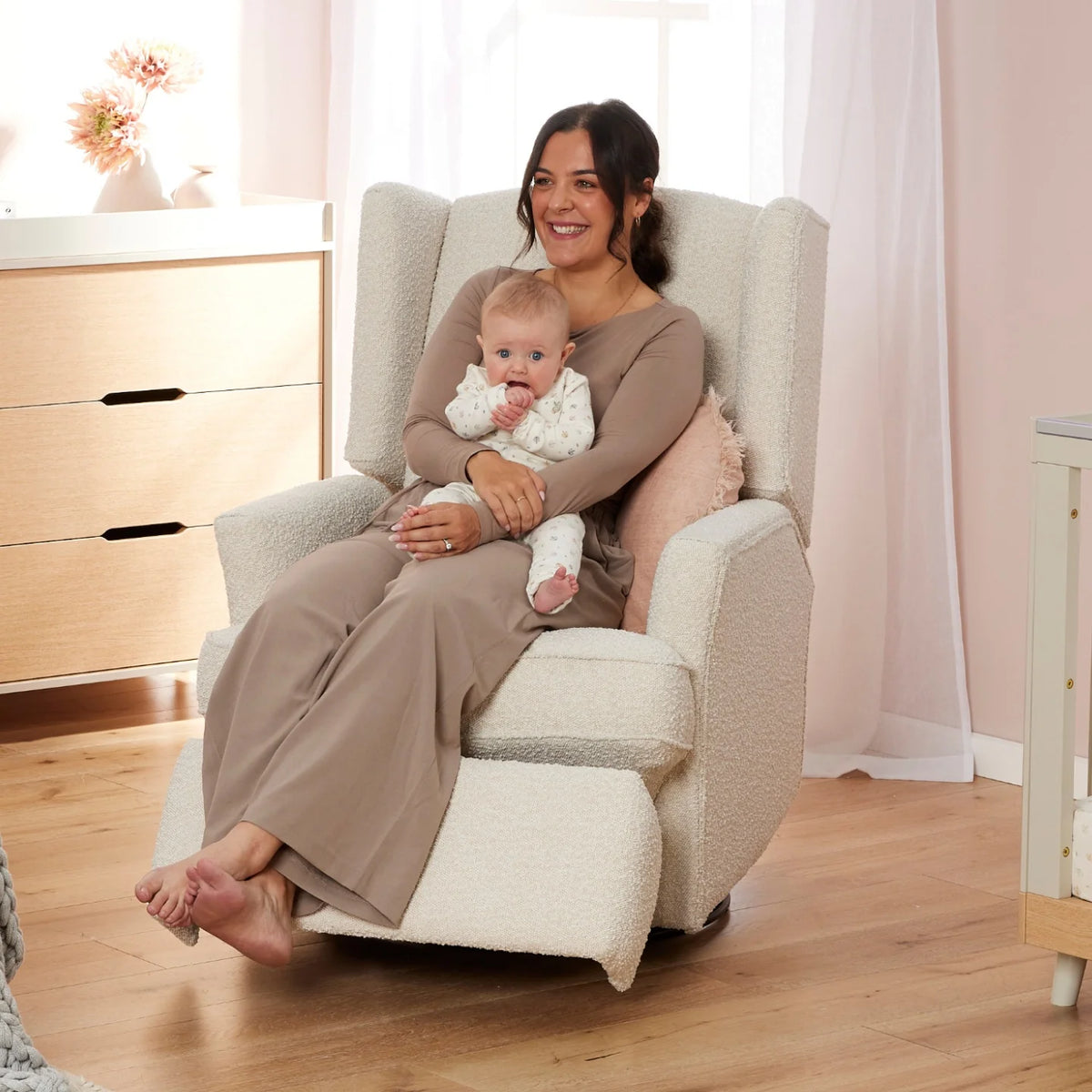 Chelsea Recliner Glider Chair in Vanilla Bouclé