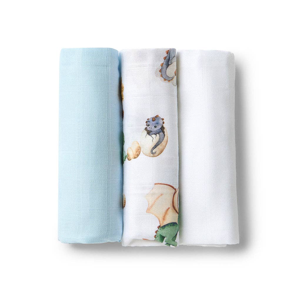 Small Organic Muslin Cloths 3 Pack - Dragon/Milk/Baby Blue