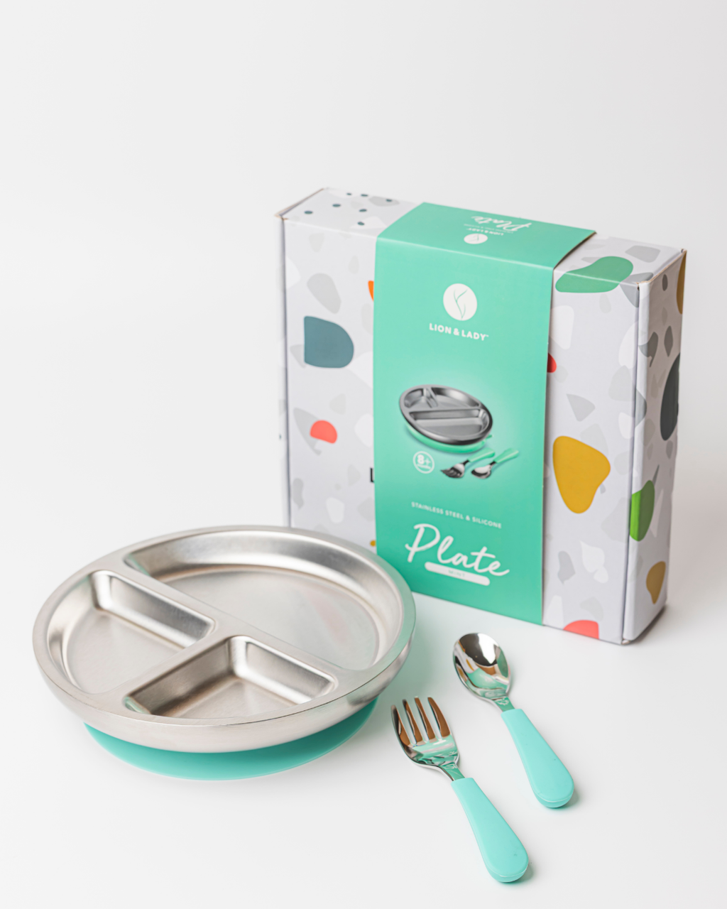 18/8 Stainless Toddler Plate with silicone suction base, spoon and fork