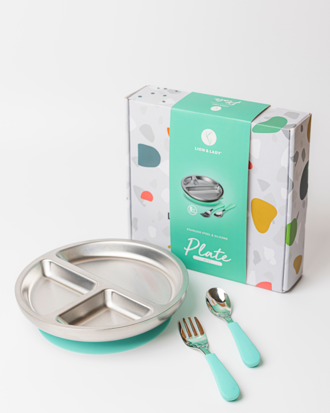 18/8 Stainless Toddler Plate with silicone suction base, spoon and fork