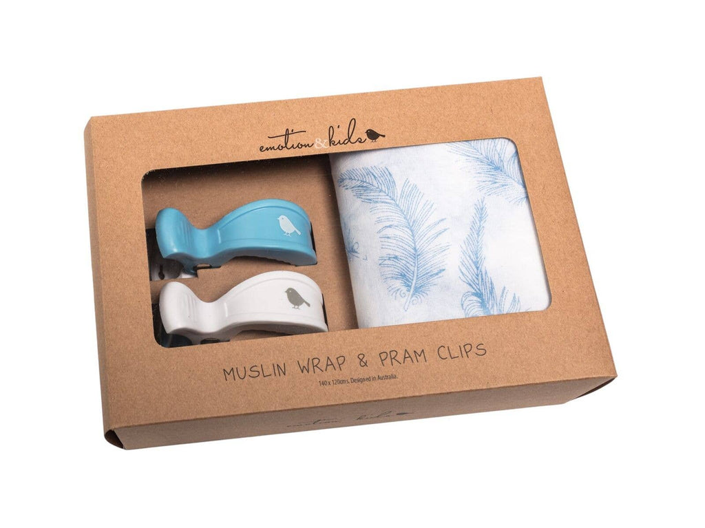 Blue Feather Muslin Wrap & Blue White Pram Clip Set