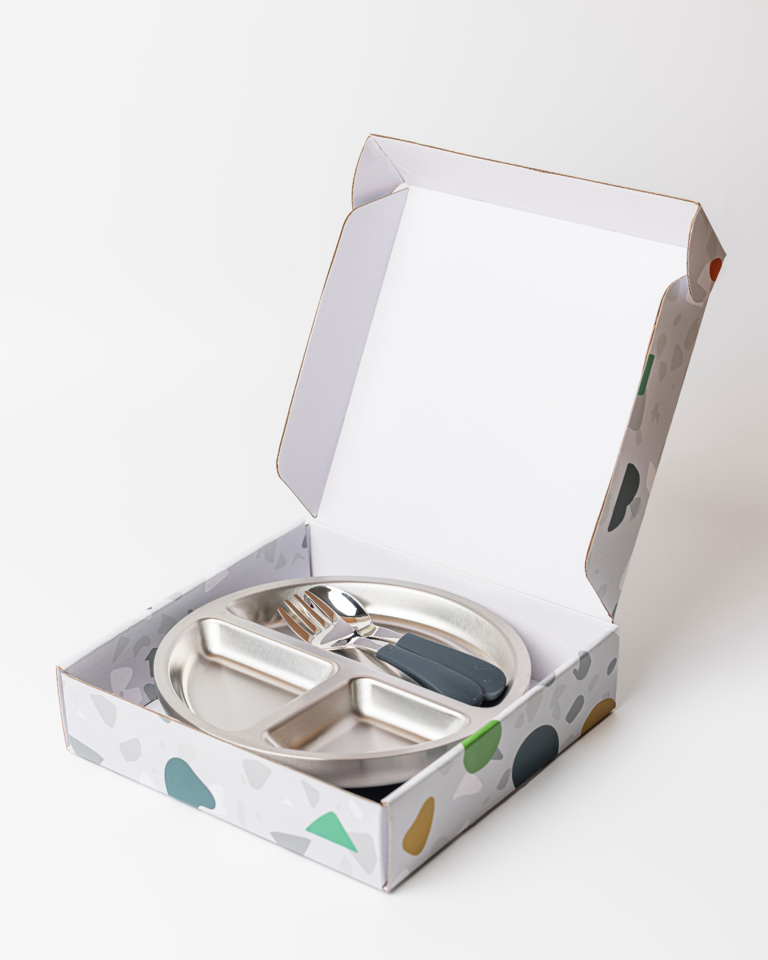 18/8 Stainless Toddler Plate with silicone suction base, spoon and fork
