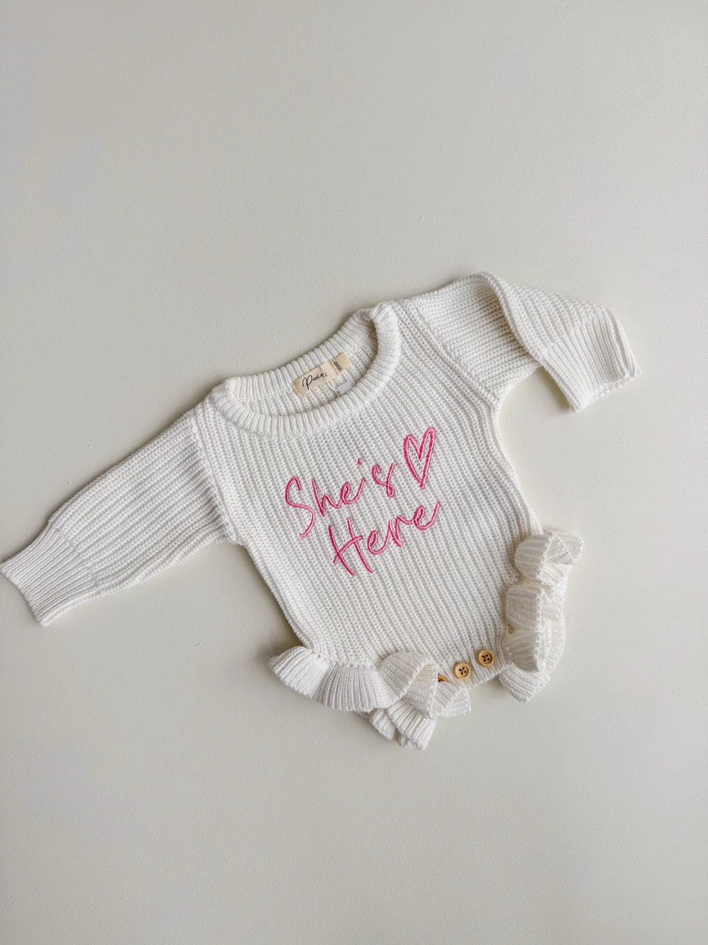 SHE'S HERE HEART - FRILL LEG ROMPER | VALENTINE PINK - 0000 NB