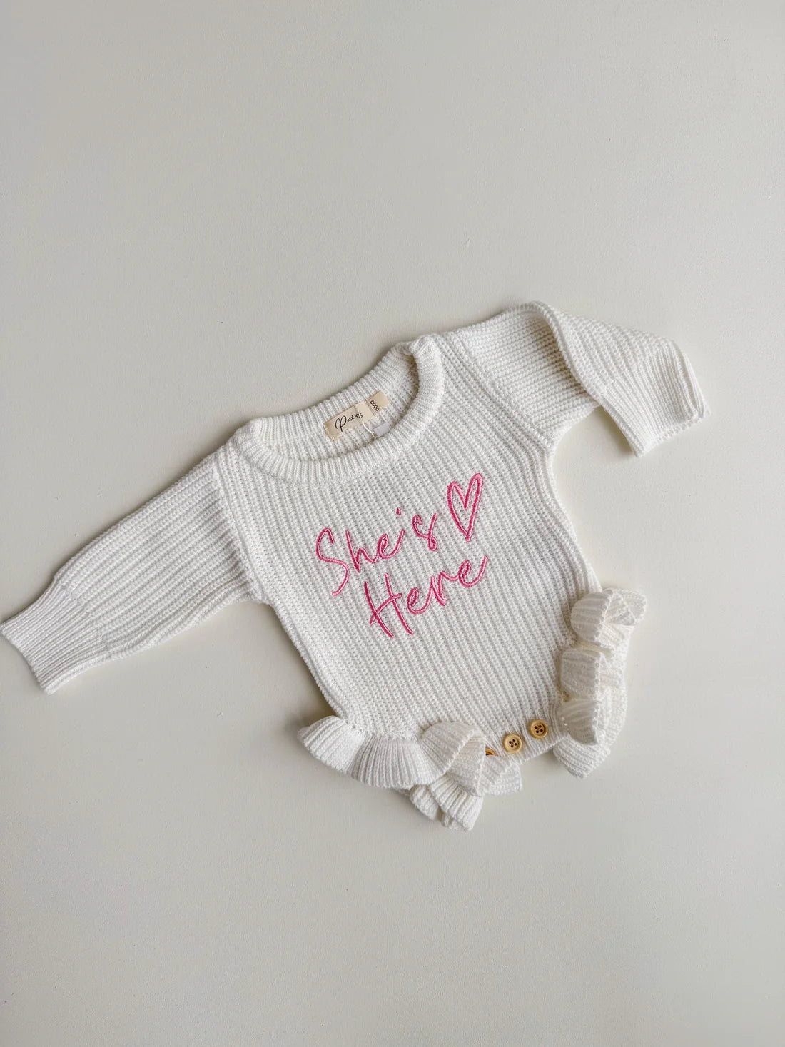 SHE'S HERE HEART - FRILL LEG ROMPER | VALENTINE PINK - 0000 NB