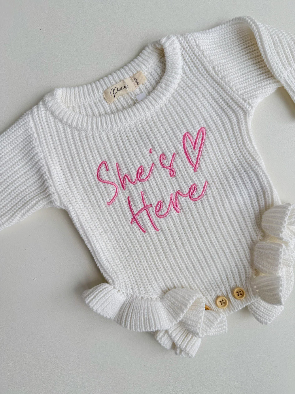 SHE'S HERE HEART - FRILL LEG ROMPER | VALENTINE PINK - 0000 NB