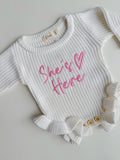 SHE'S HERE HEART - FRILL LEG ROMPER | VALENTINE PINK - 0000 NB