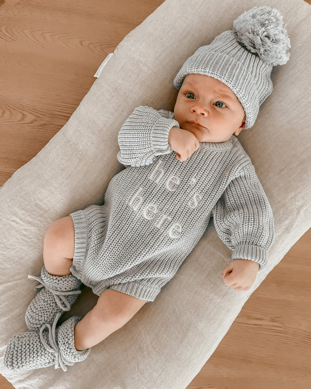 Babi Rampor SET - 'He's Here' Powder Blue Long Sleeve Knit Romper – babi collective