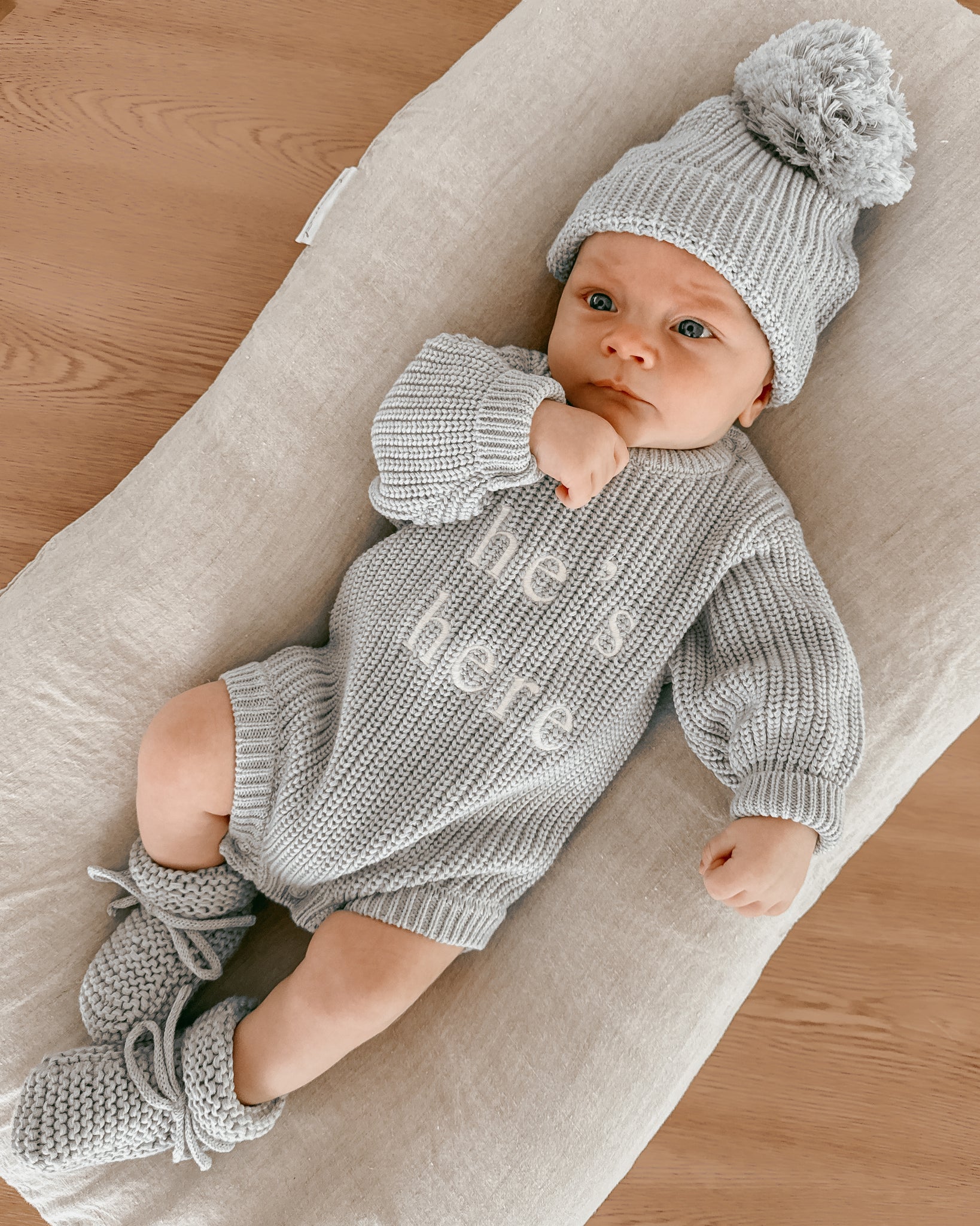 SET - 'He's Here' Powder Blue Long Sleeve Knit Romper