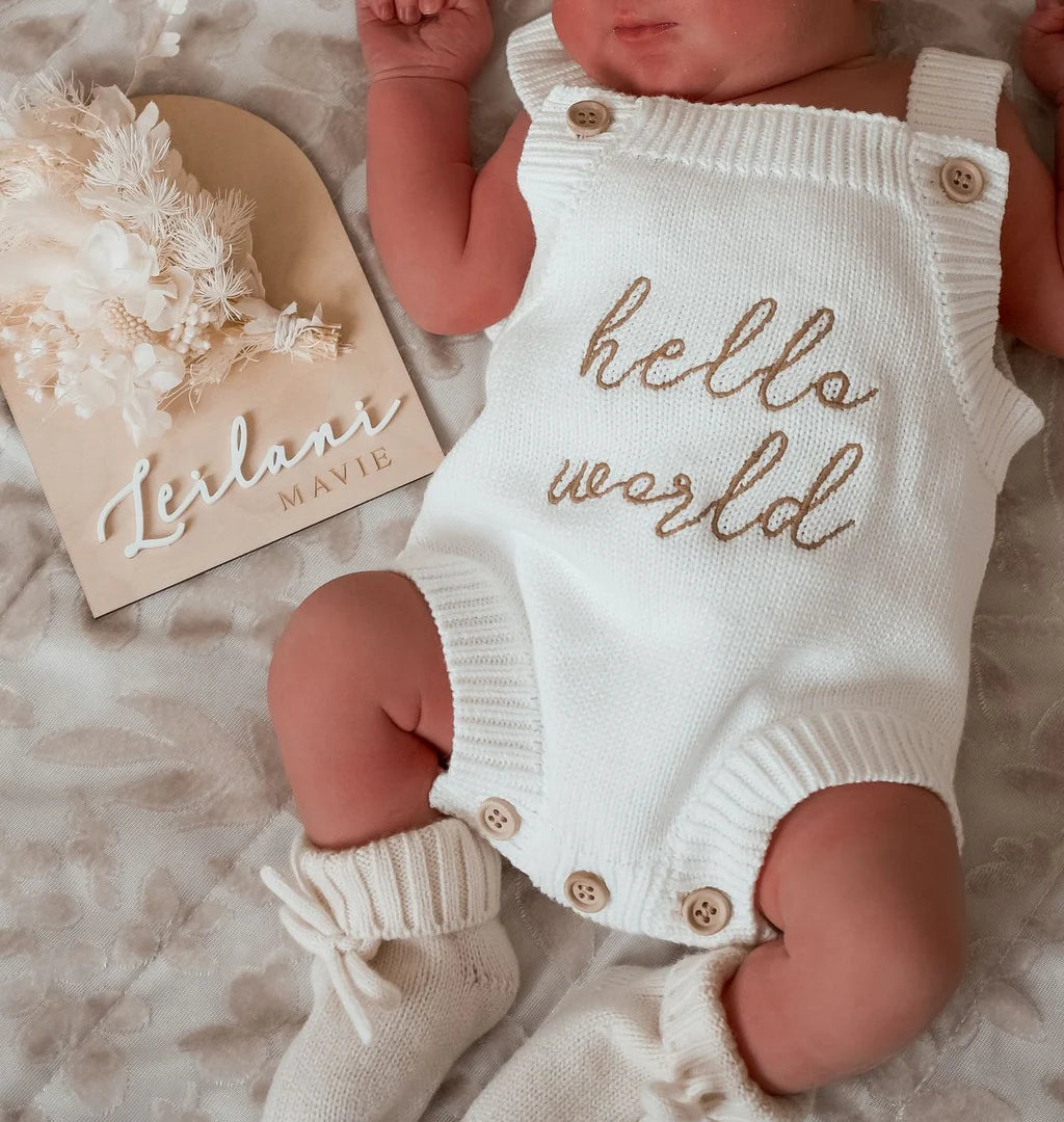 TINY BABY 'Hello World' Singlet Knit Romper - Milk