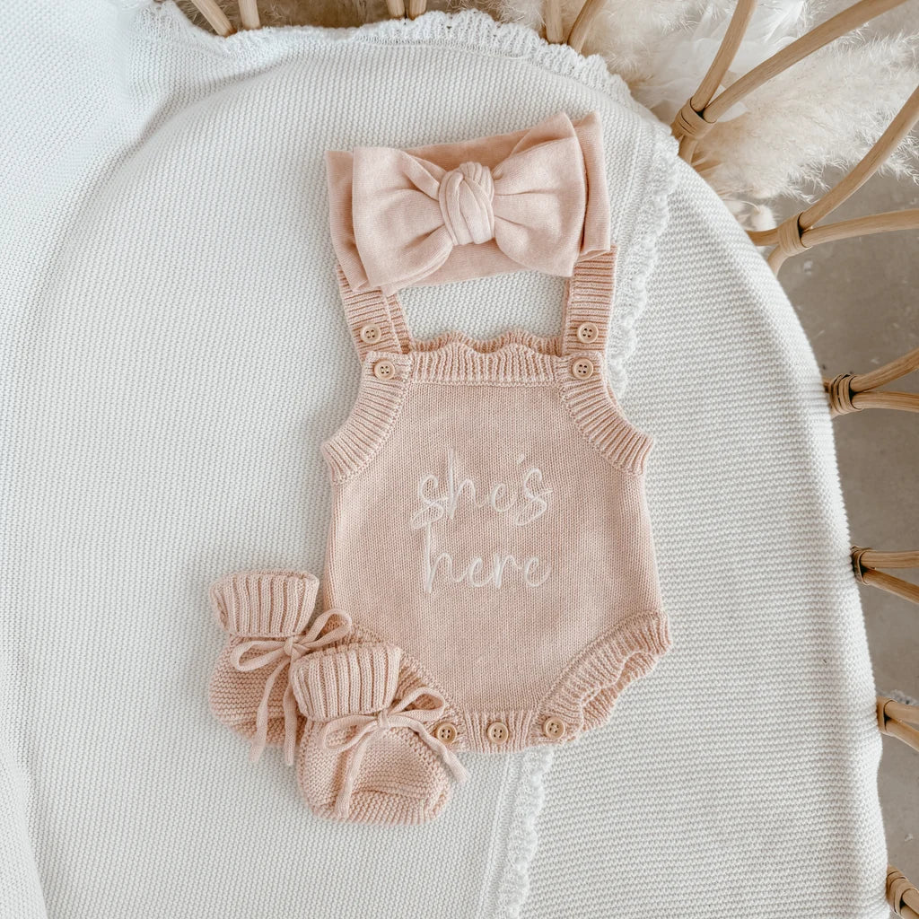 'She's Here' Singlet Romper & Topknot Bundle - Pink Lemonade