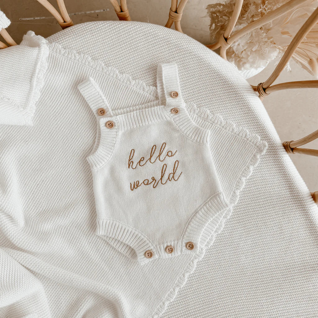 TINY BABY 'Hello World' Singlet Knit Romper - Milk