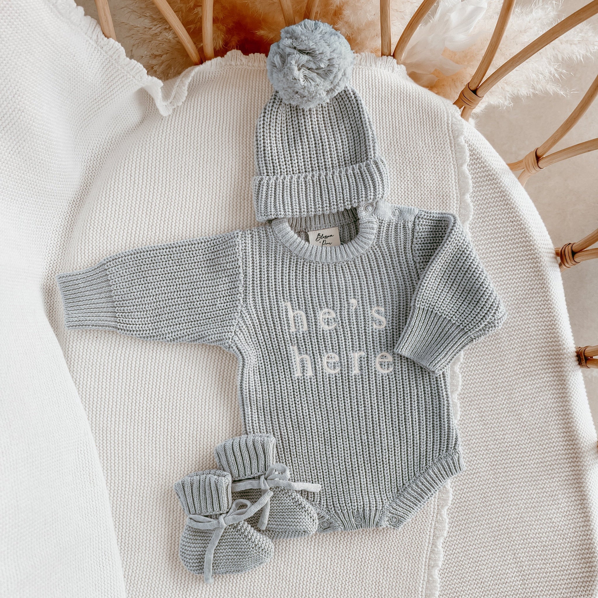 SET - 'He's Here' Powder Blue Long Sleeve Knit Romper