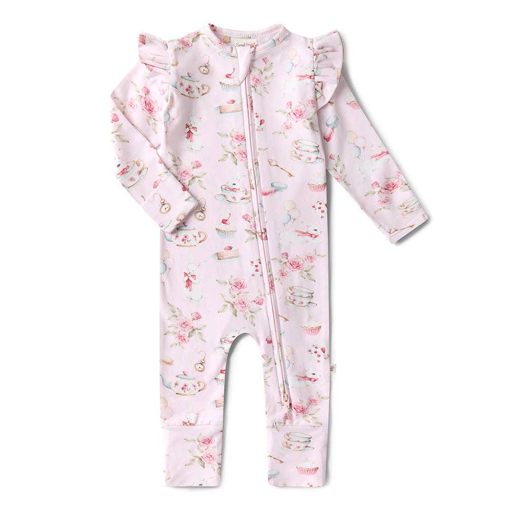 Alice’s Tea Party Organic Snugglesuit Convertible Romper with Frill