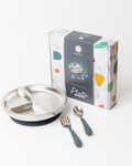 18/8 Stainless Toddler Plate with silicone suction base, spoon and fork