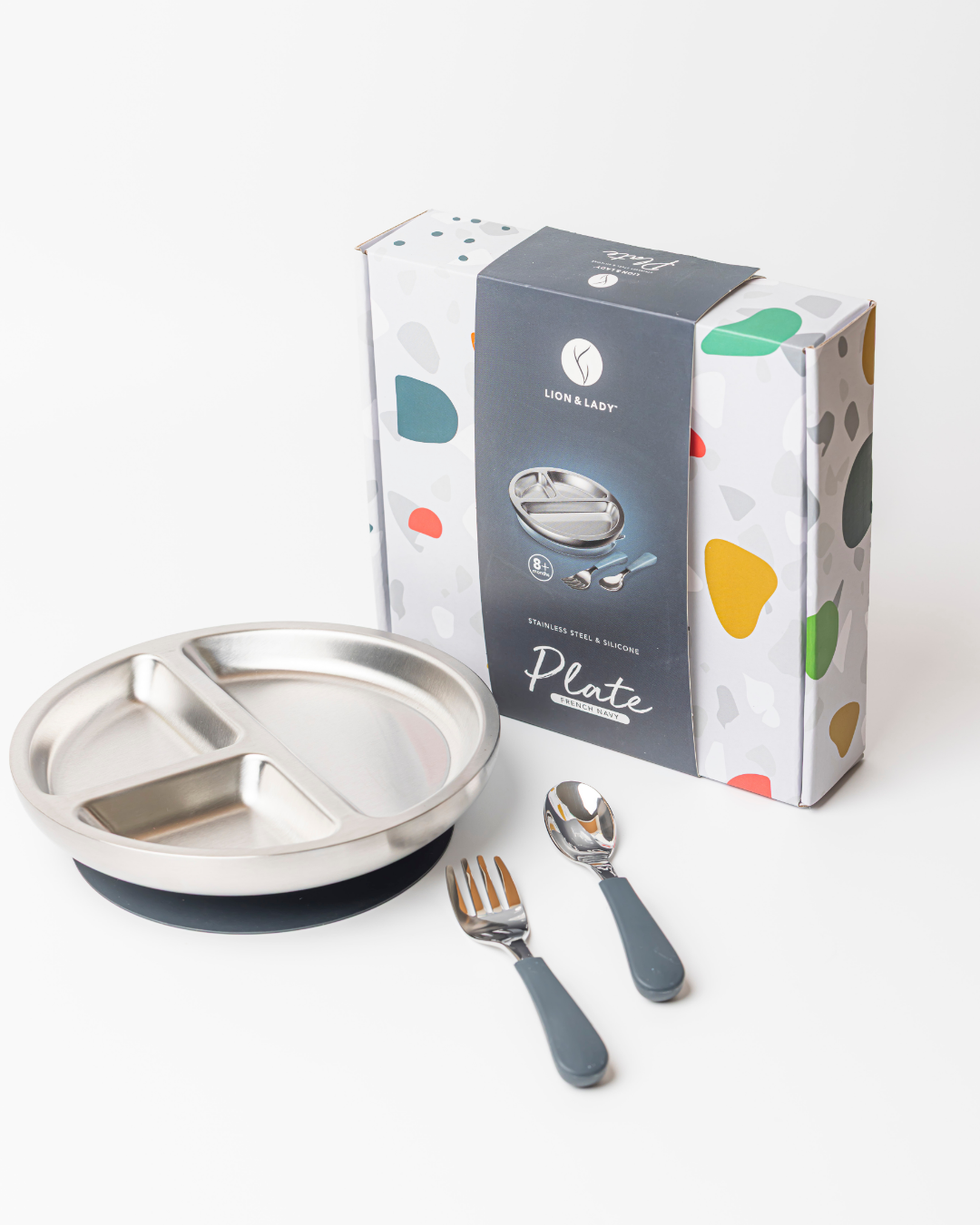 18/8 Stainless Toddler Plate with silicone suction base, spoon and fork