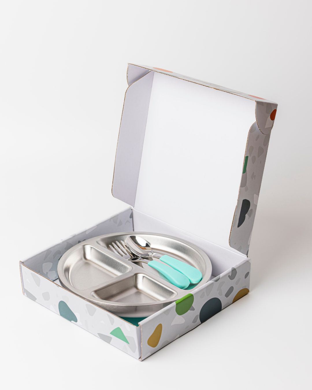 18/8 Stainless Toddler Plate with silicone suction base, spoon and fork