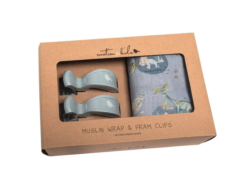 Dinosaurs of World Muslin Wrap & Navy Blue Pram Clip Set