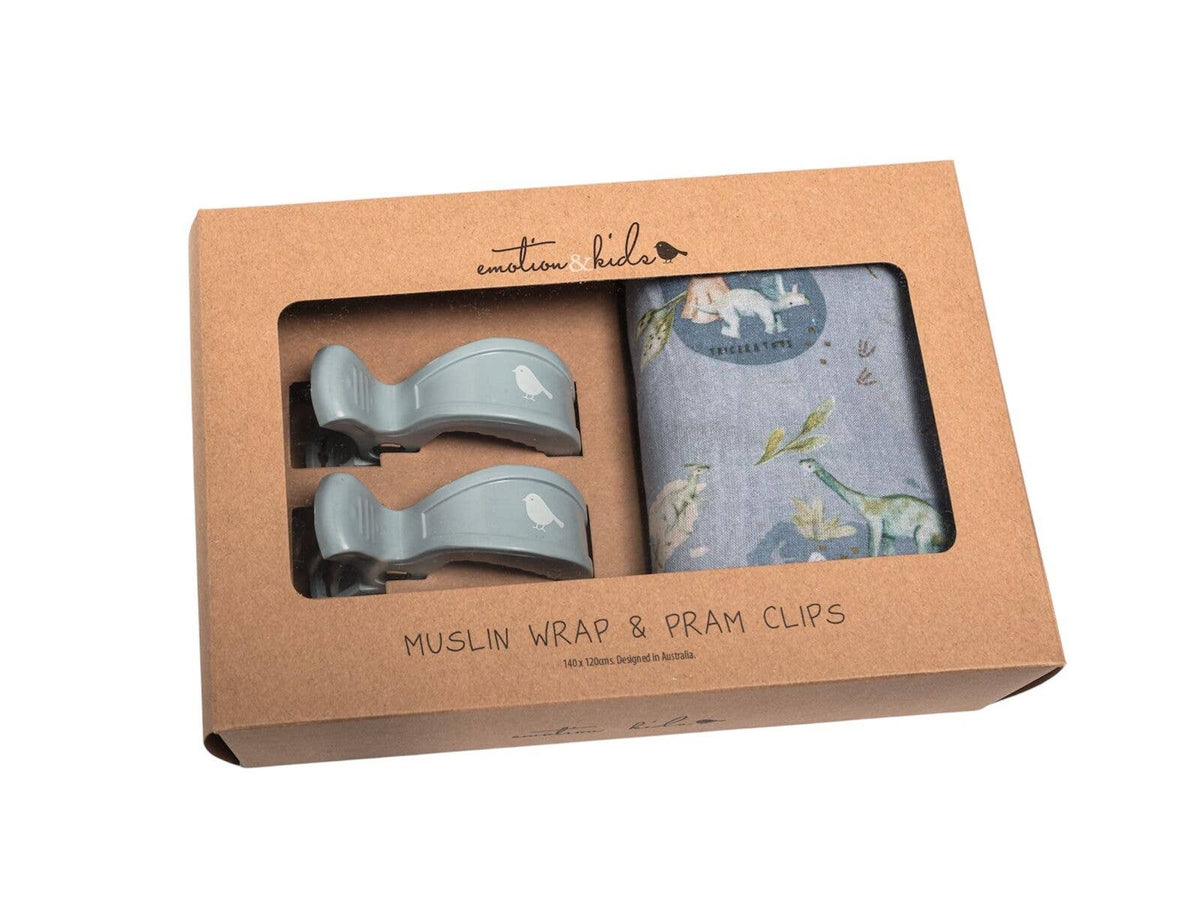 Dinosaurs of World Muslin Wrap & Navy Blue Pram Clip Set