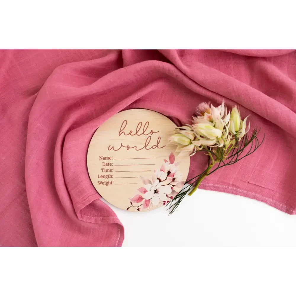 Hello World Floral Wooden Birth Disc