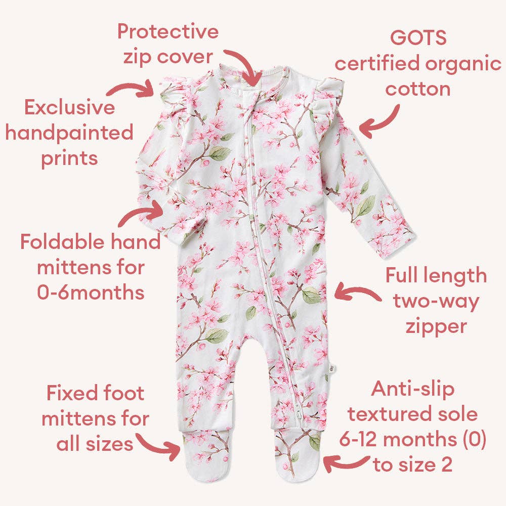 Cherry Blossom Organic Snuggle Sleepsuit Zip Footie with Frill