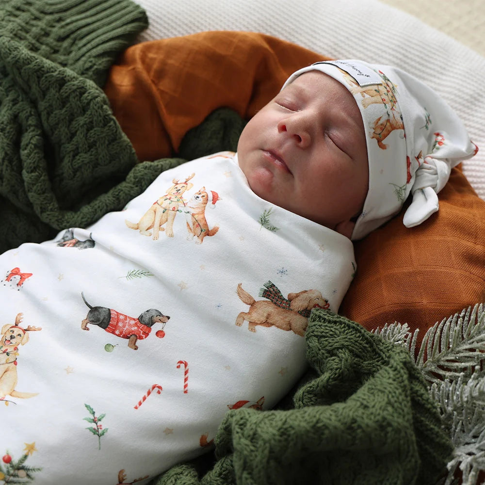 Christmas Pups Organic Jersey Wrap & Beanie Set