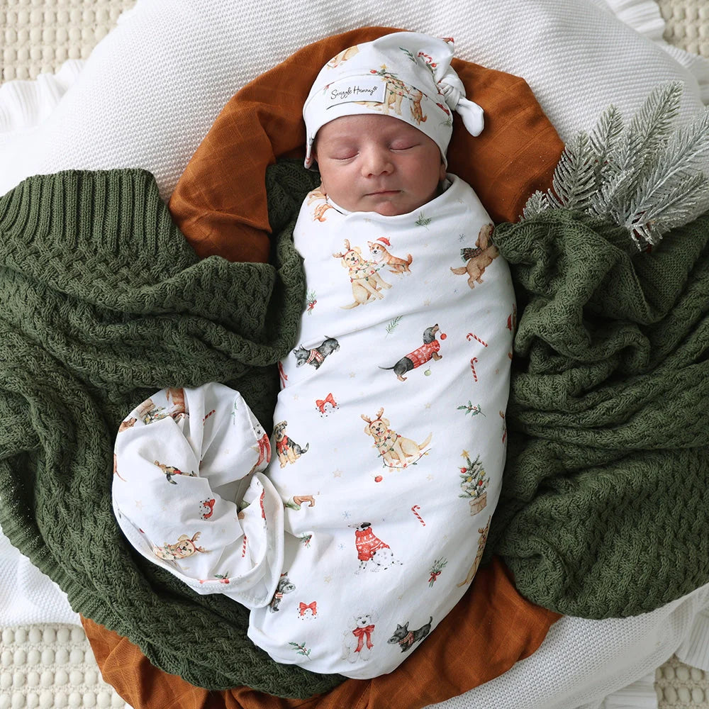 Christmas Pups Organic Jersey Wrap & Beanie Set