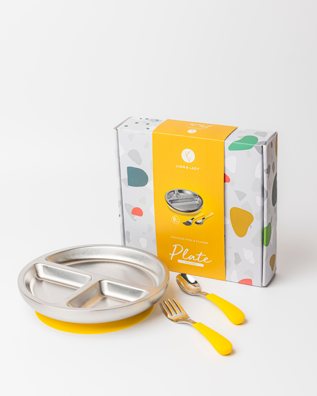 18/8 Stainless Toddler Plate with silicone suction base, spoon and fork