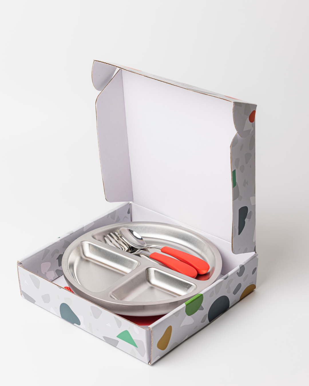 18/8 Stainless Toddler Plate with silicone suction base, spoon and fork