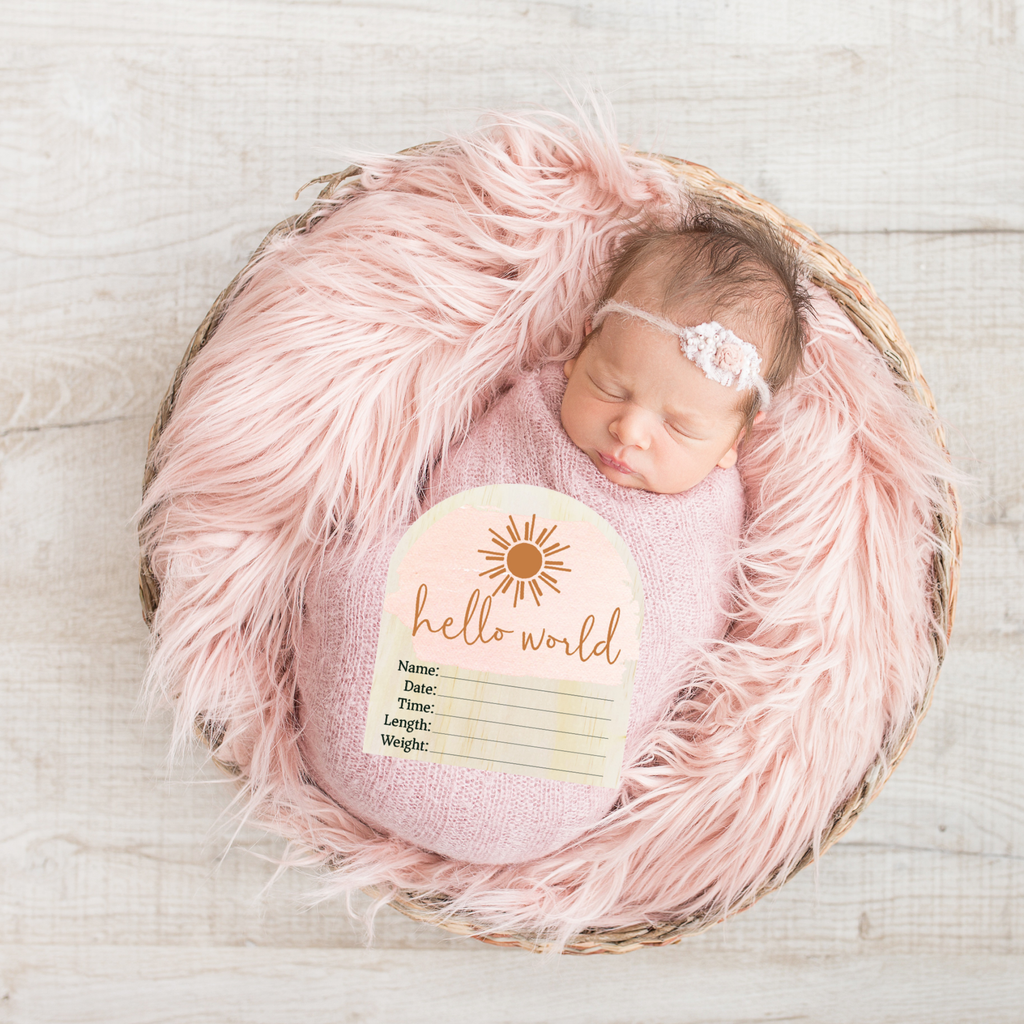 Hello World Pink Sun Wooden Arch Birth Disc