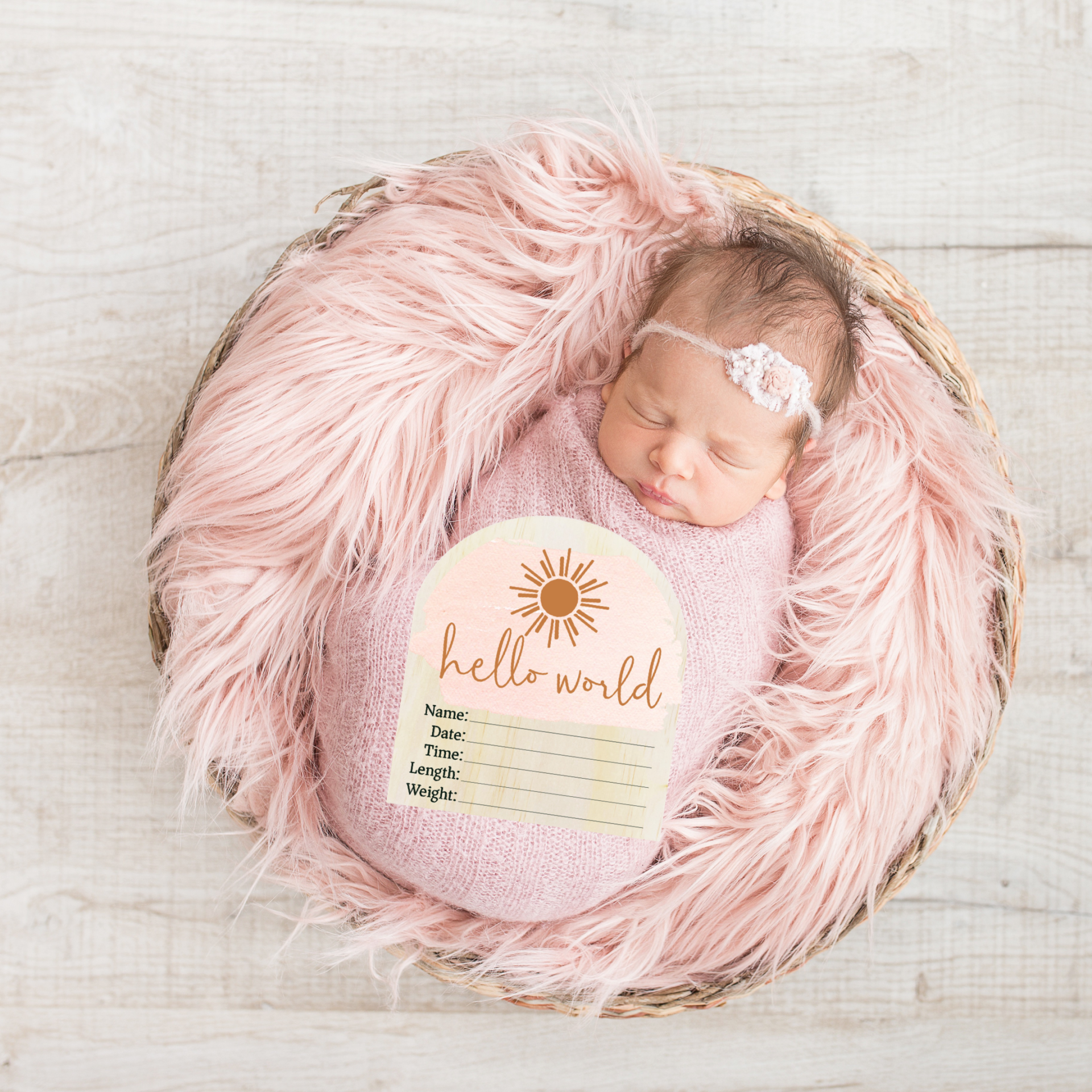 Hello World Pink Sun Wooden Arch Birth Disc