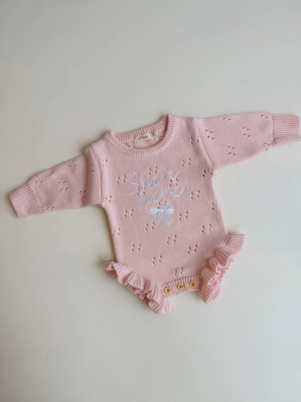 SHE'S HERE BOW - POINTELLE FRILL ROMPER | BABY PINK - 0000 NB