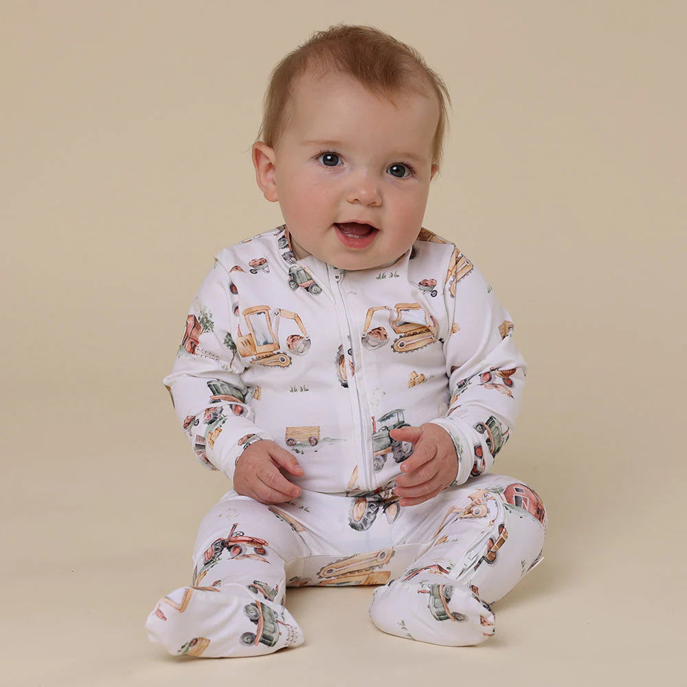 Diggers & Tractors Organic Snuggle Sleepsuit Zip Footie